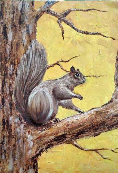 Squirrel, A4, oil on canvas paper