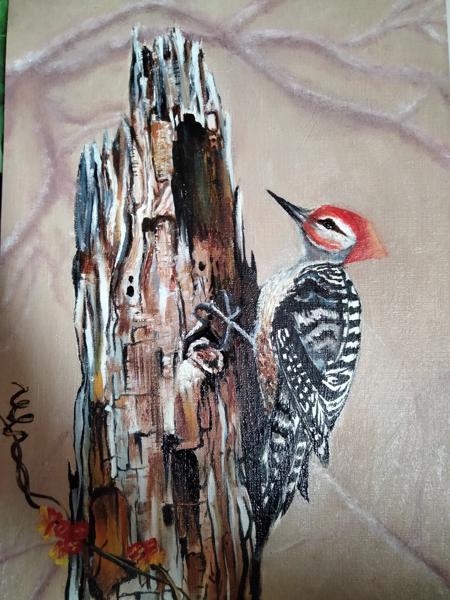 Woodpecker, A4, oil on canvas paper